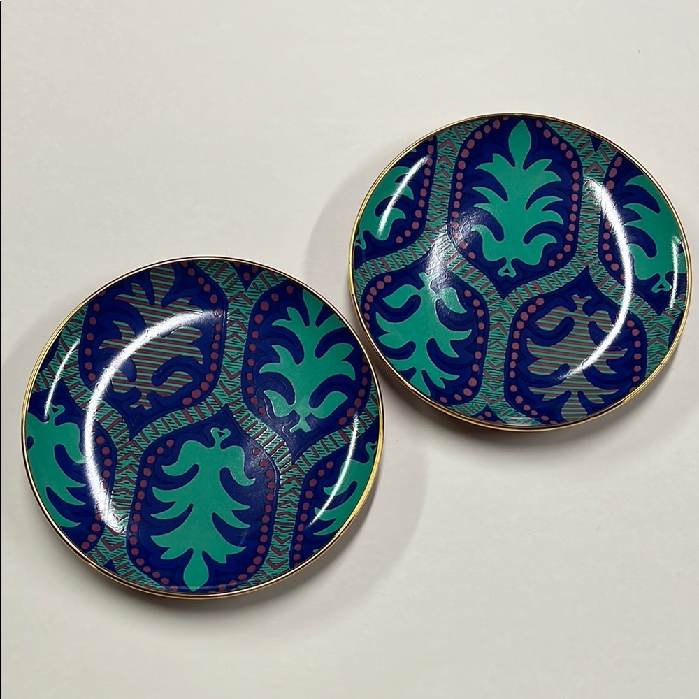TRACY REESE 18K Gold Rim 7" 2Dessert/Salad Neiman Marcus Damask Blue/Teal Plates
